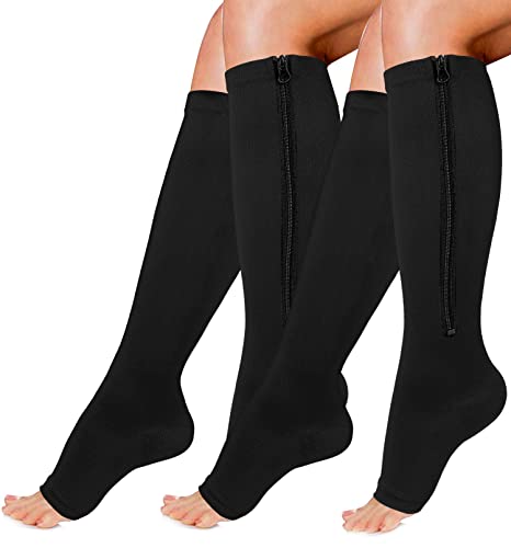 2 Pairs Black Open-Toed Leg Stocking with Zipper(20-30mmHg) -Toeless Calf Compression Sleeves