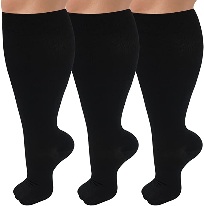 3 Pairs Black Wide Calf Compression Socks for Man and Woman (20-30 mmHG)(2XL-4XL)