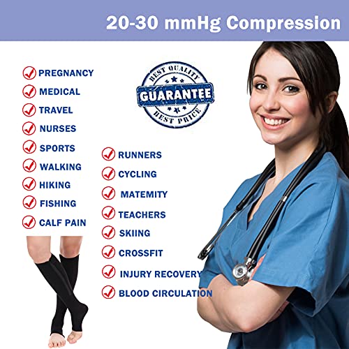 2 Pairs Black Open-Toed Leg Stocking with Zipper(20-30mmHg) -Toeless Calf Compression Sleeves