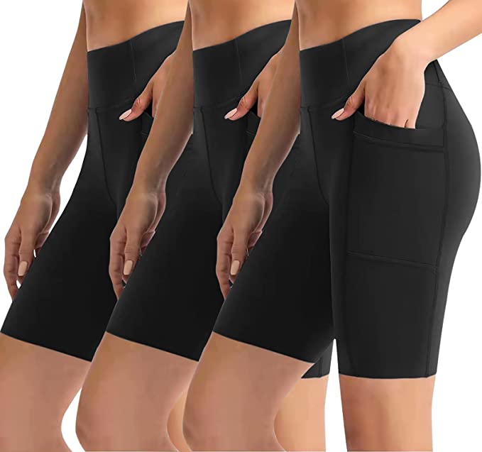 Bluemaple 3 Pack Pockets Shorts for Women – Buttery Soft High Waisted Yoga Cycling Workout Shorts