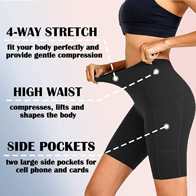 Bluemaple 3 Pack Pockets Shorts for Women – Buttery Soft High Waisted Yoga Cycling Workout Shorts