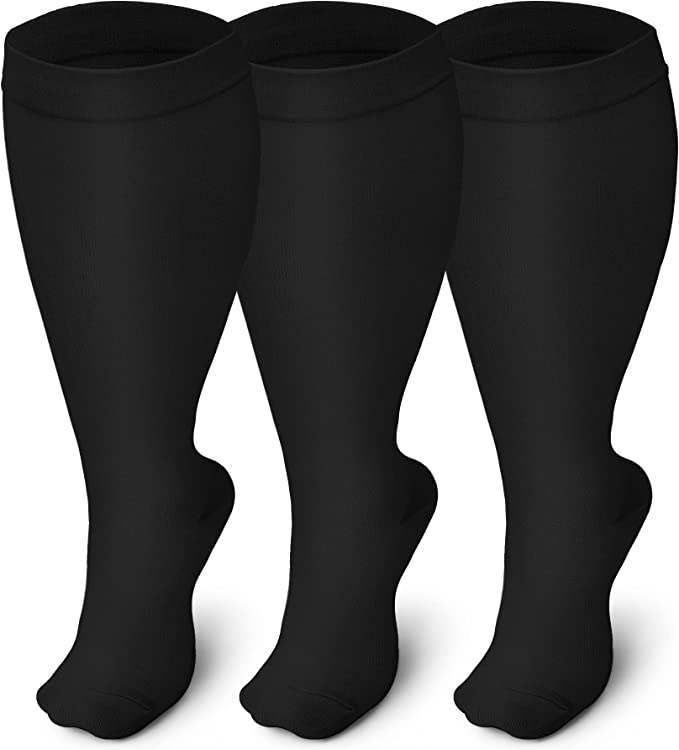 3 Pairs Black Wide Calf Compression Socks for Man and Woman (20-30 mmHG)(2XL-4XL)