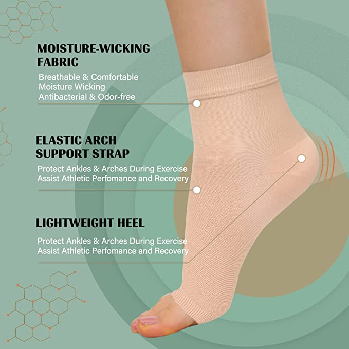 2 Pairs Beige Ankle Brace Compression Sleeve (8-15 mmHg) Open Toe Сompression Socks