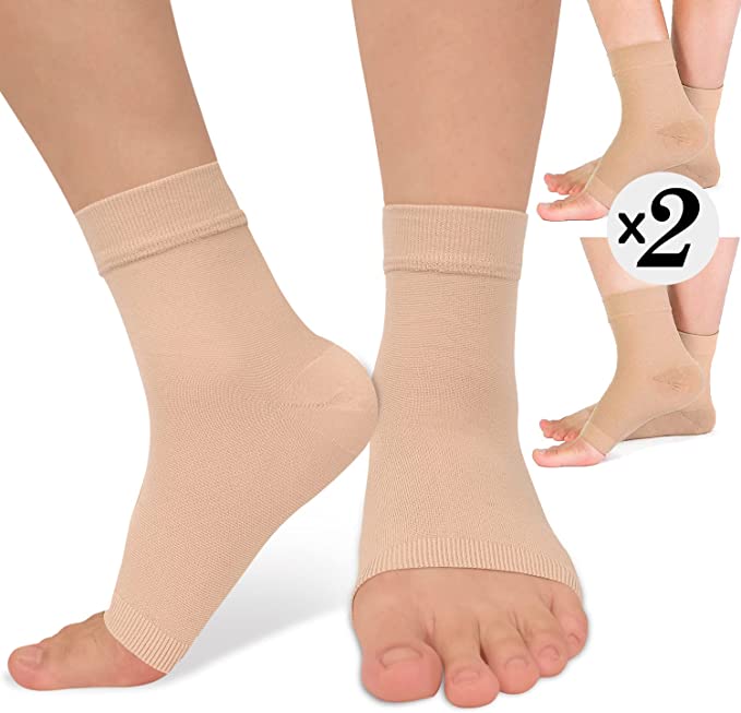 2 Pairs Beige Ankle Brace Compression Sleeve (8-15 mmHg) Open Toe Сompression Socks