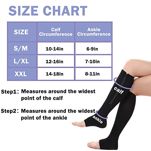 2 Pairs Black Open-Toed Leg Stocking with Zipper（20-30mmHg） -Toeless Calf Compression Sleeves