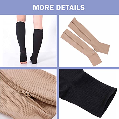 2 Pairs Black Open-Toed Leg Stocking with Zipper（20-30mmHg） -Toeless Calf Compression Sleeves