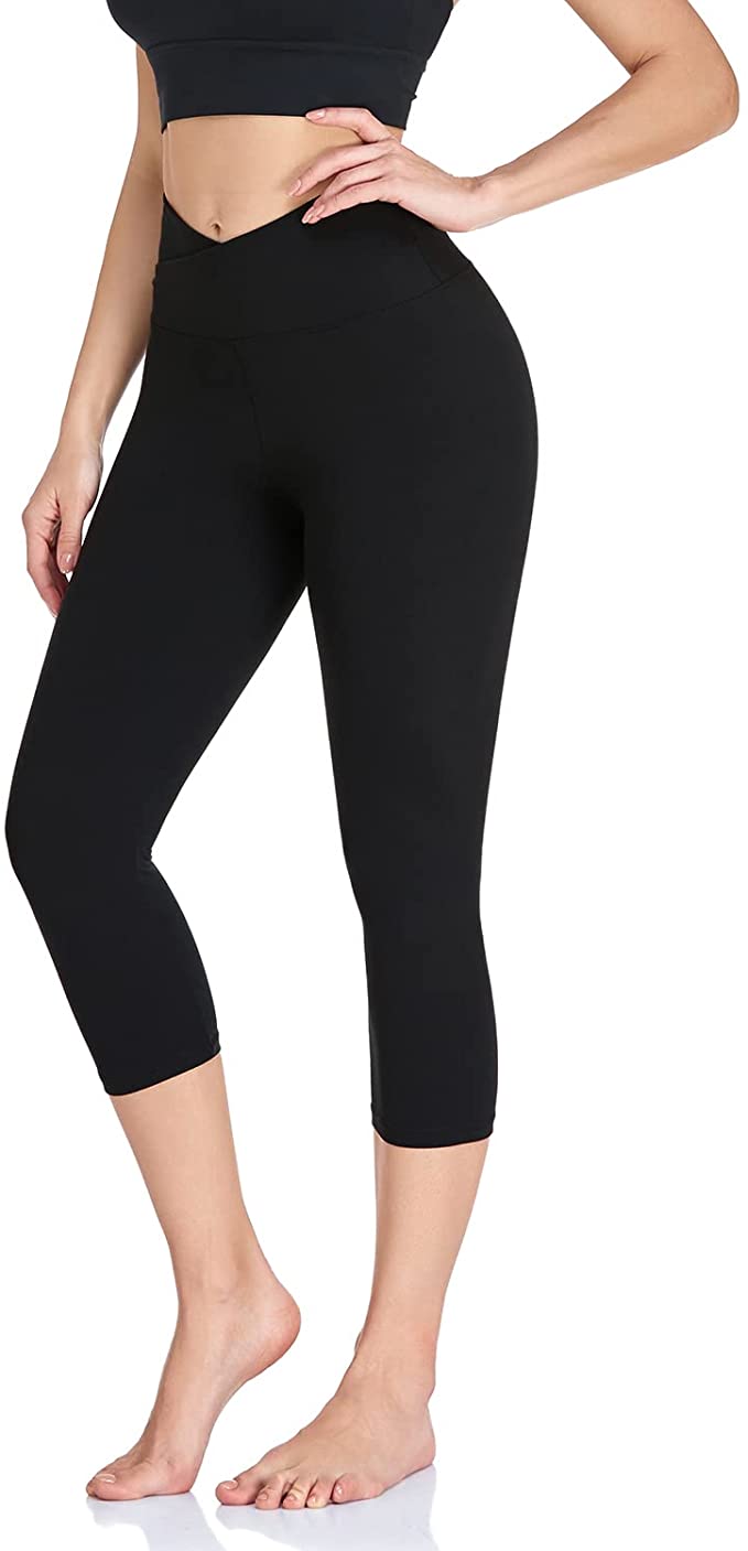 Bluemaple 1 Pack Black V Cross Waist Capri Leggings for Women - Buttery Soft Workout Running Yoga Pants