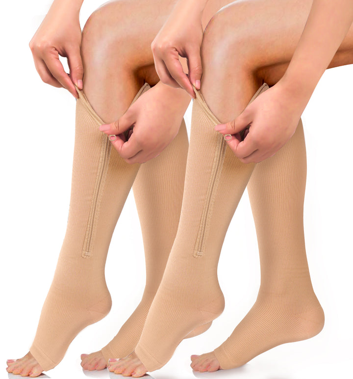 2 Pair Nude Open-Toed Leg Stocking with Zipper（20-30mmHg） -Toeless Calf Compression Sleeves