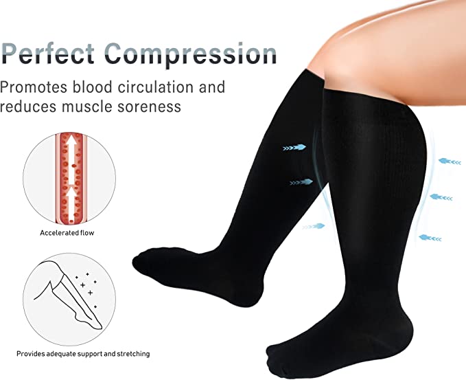 3 Pairs Cool Wide Calf Compression Socks for Man and Woman (20-30 mmHG）（2XL-4XL）