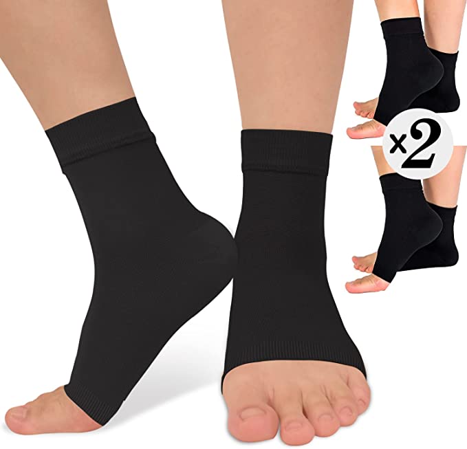2 Pairs Black Ankle Brace Compression Sleeve （8-15 mmHg） Open Toe Сompression Socks