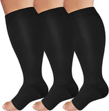 3 Pairs Toless Black Wide Calf Compression Socks for Man and Woman (20-30 mmHG）（2XL-4XL）
