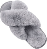 Bluemaple Fuzzy Slippers for Women Cross Band Cozy Memory Foam Slippers for Women