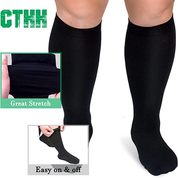 3 Pairs Black Wide Calf Compression Socks for Man and Woman (20-30 mmHG）（2XL-4XL）