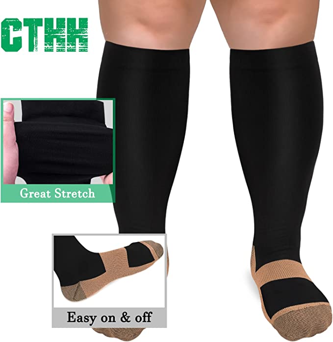 3 Pairs Copper Wide Calf Compression Socks for Man and Woman (20-30 mmHG）（2XL-4XL）