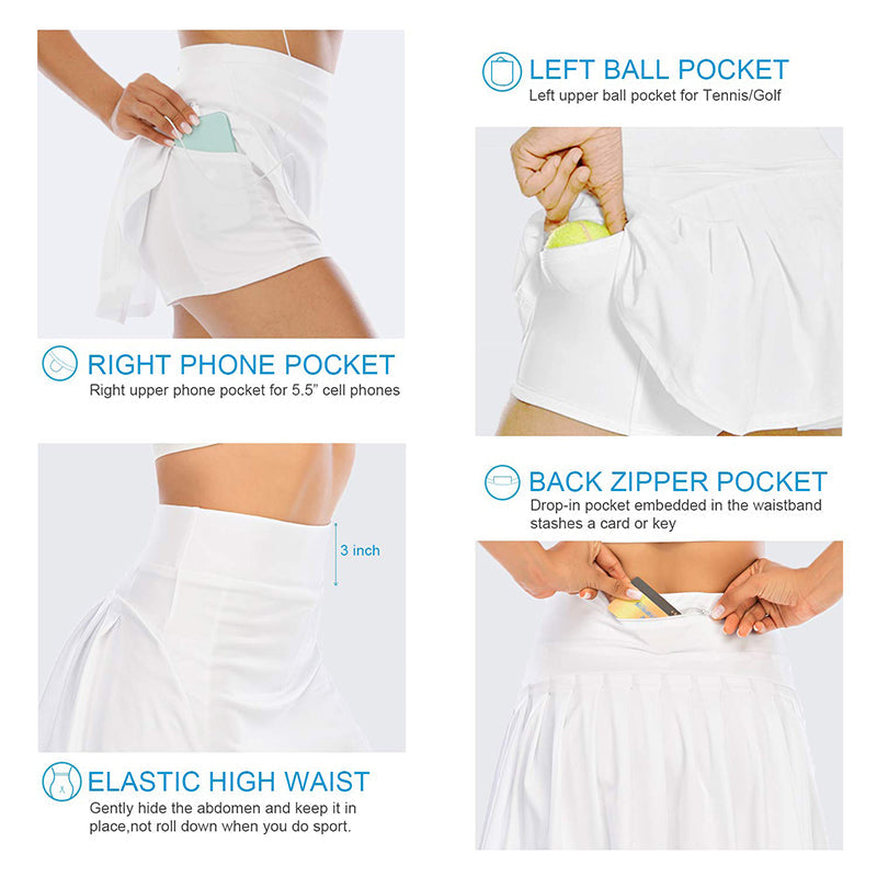 Bluemaple White Women Pleated Flare Tennis Skorts With Pockets Shorts Golf Skirt
