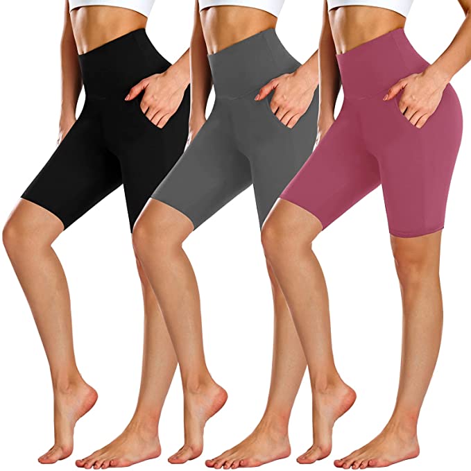 Bluemaple 3 Pack Pockets Biker Shorts for Women – 8" Buttery Soft High Waisted Yoga Cycling Workout Shorts
