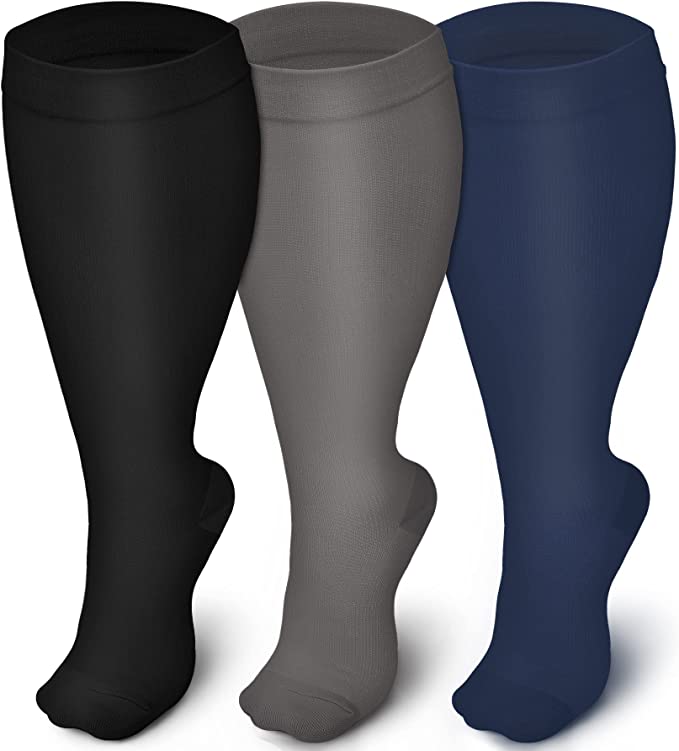 3 Pairs Wide Calf Compression Socks for Man and Woman (20-30 mmHG）（2XL-4XL）
