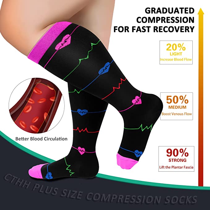 3 Pairs Cute Design Wide Calf Compression Socks for Man and Woman (20-30 mmHG）（2XL-4XL）