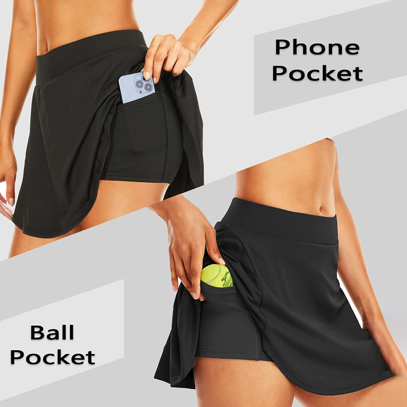 Bluemaple Black Women Pleated Flare Tennis Skorts With Pockets Shorts Golf Skirt