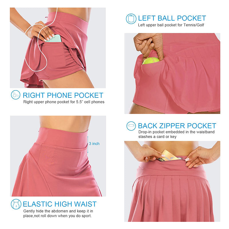 Bluemaple Pink Women Pleated Flare Tennis Skorts With Pockets Shorts Golf Skirt